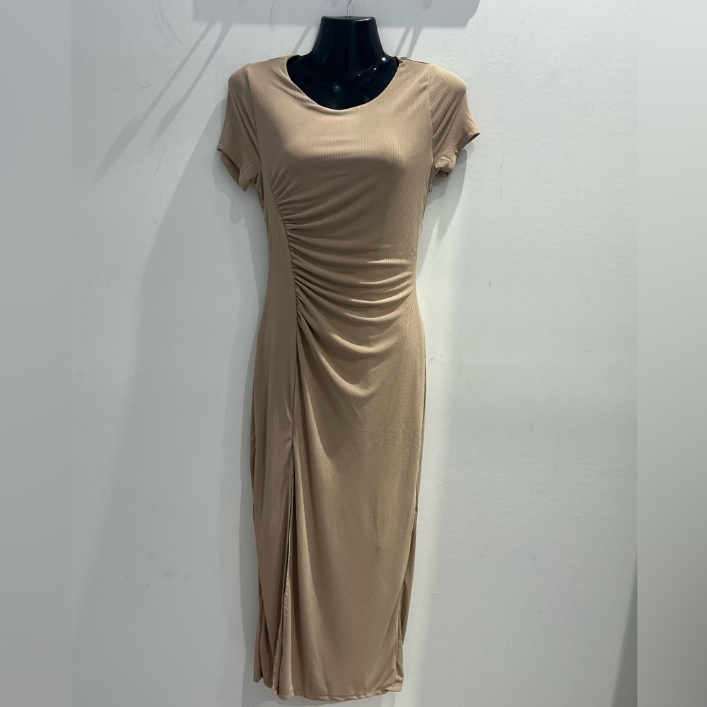 Chic Tan Ruched Midi Dress